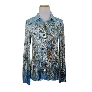 Simply Art By Dolcezza Button Front Short Womens XS Stretch Art Collar Geometric